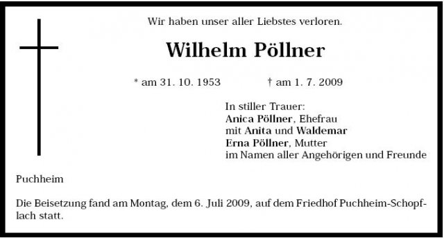 Poellner Wilhelm 1953-2009 Todesanzeige